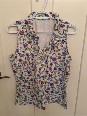 J. McLaughlin White Floral Ruffle-Neck Sleeveless Top